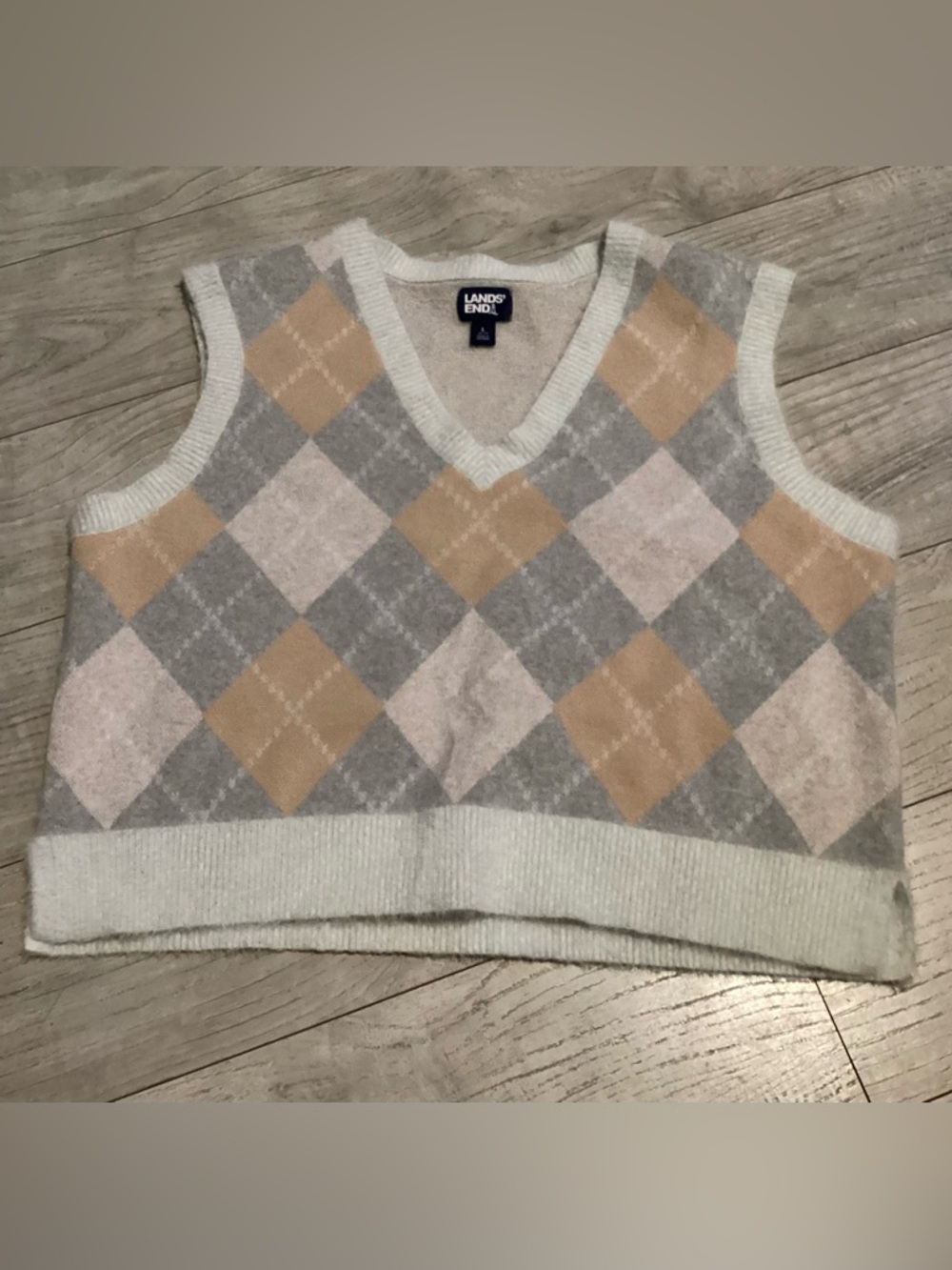 Lands' End Women's Argyle V-Neck Sweater Wool blend Vest in Gray, Cream & Tan